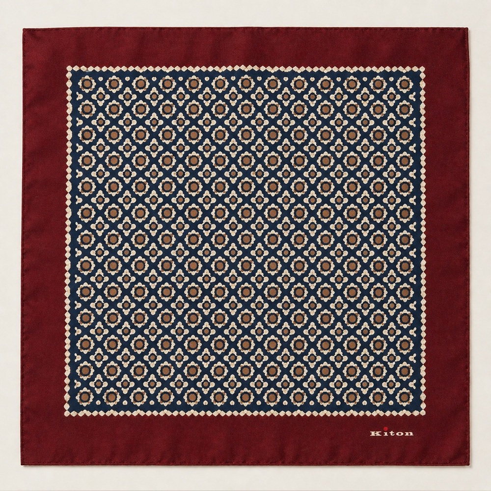 Kiton Navy & Burgundy Floral Medallion Silk Pocket Square